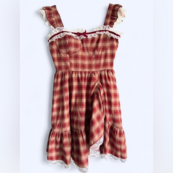 Palglg Sweetheart Check Tutu Red Plaid Babydoll Coquette Girl Dress Medium - Picture 3 of 13